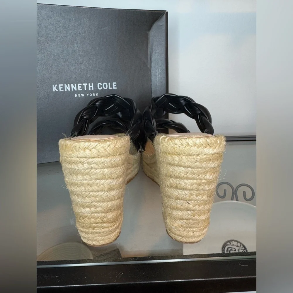 NWT NIB Kenneth Cole Olivia Braid Braided Open Toe Wedge Sandals Black Size 8.5
